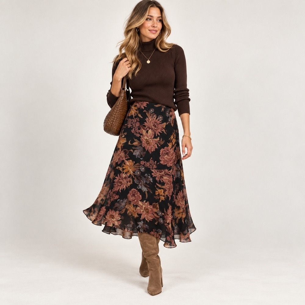 Lauren Ralph Lauren Silk Floral Midi Skirt Womens Size 20W Black Brown Earthy